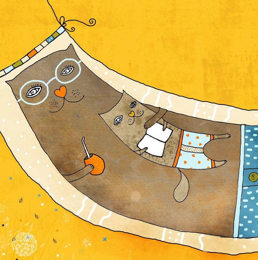 Sunny illustration Print. Sun and Friends. Cat on Holidays. Funny art. Nursery room. Home decor.
