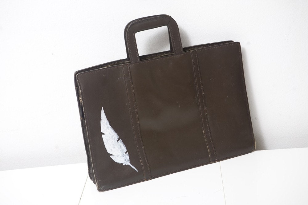 Vintage Leather Briefcase Upcycled with Hand Painted Feather