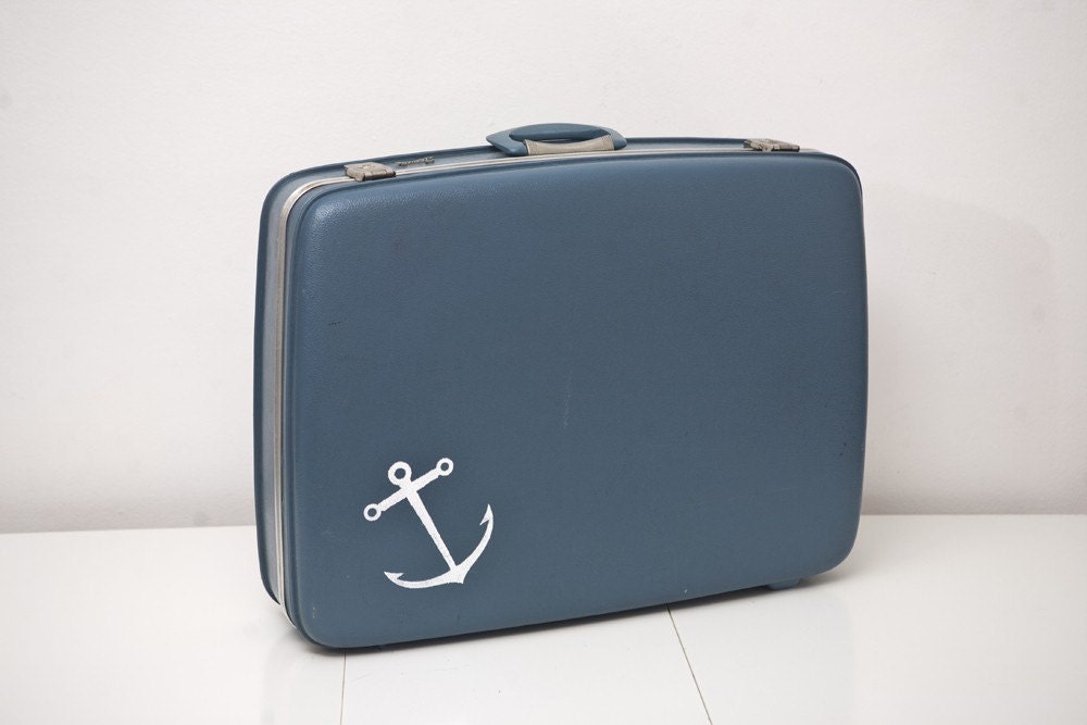Vintage Blue Suitcase with Screen Printed Anchor