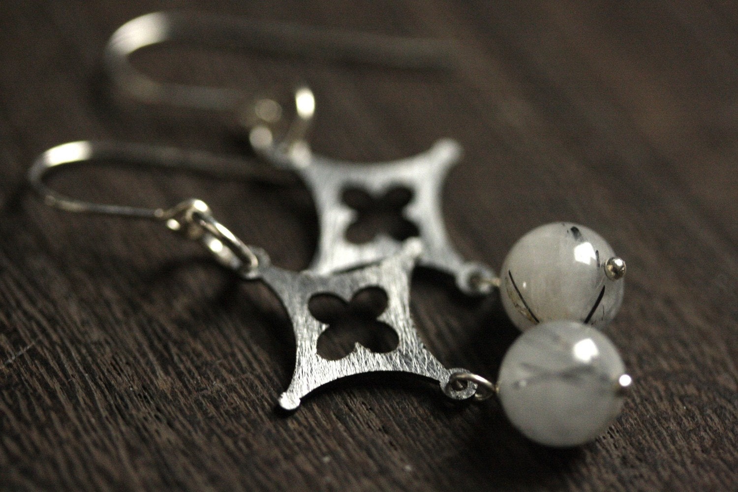 Stainless Steel Diamond Shaped Earrings with Tourmalated Quartz