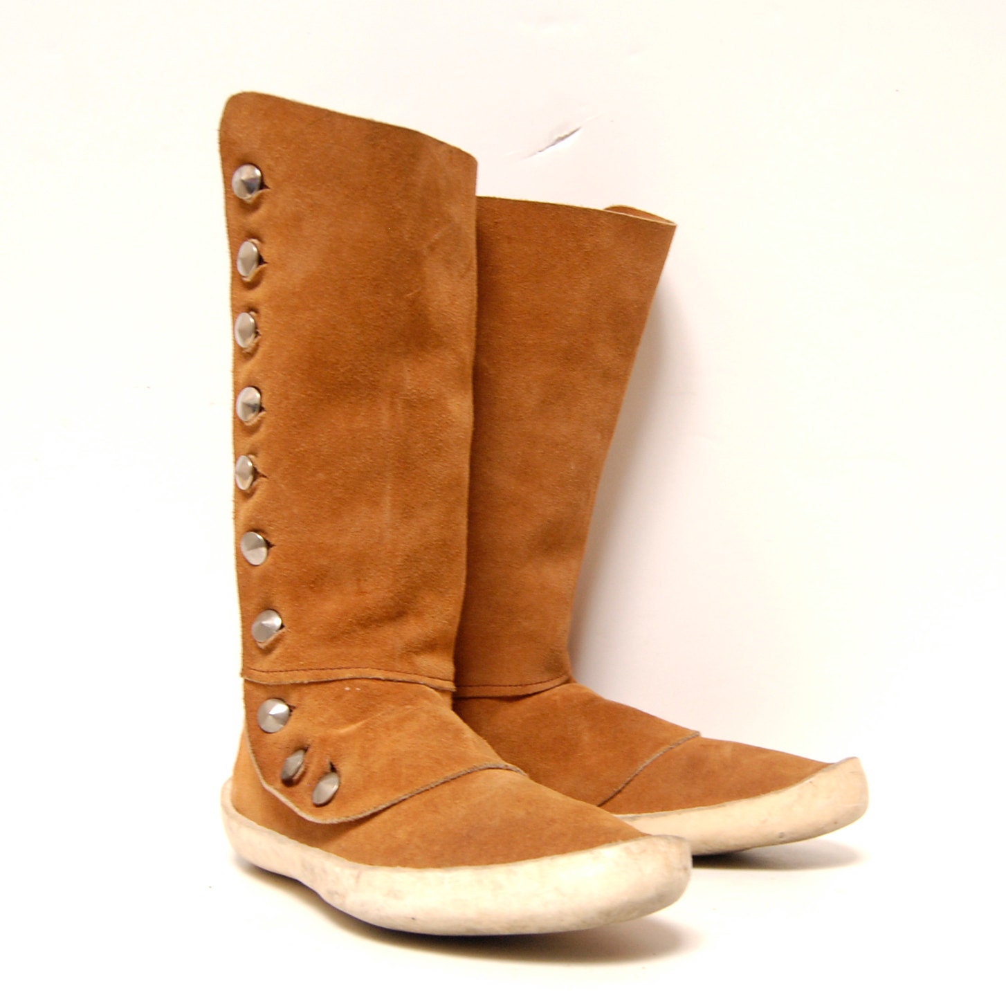 size 10 MOCCASIN tan leather 70s HANDMADE silver metal BUTTONS midcalf boots - 20twentyvintage