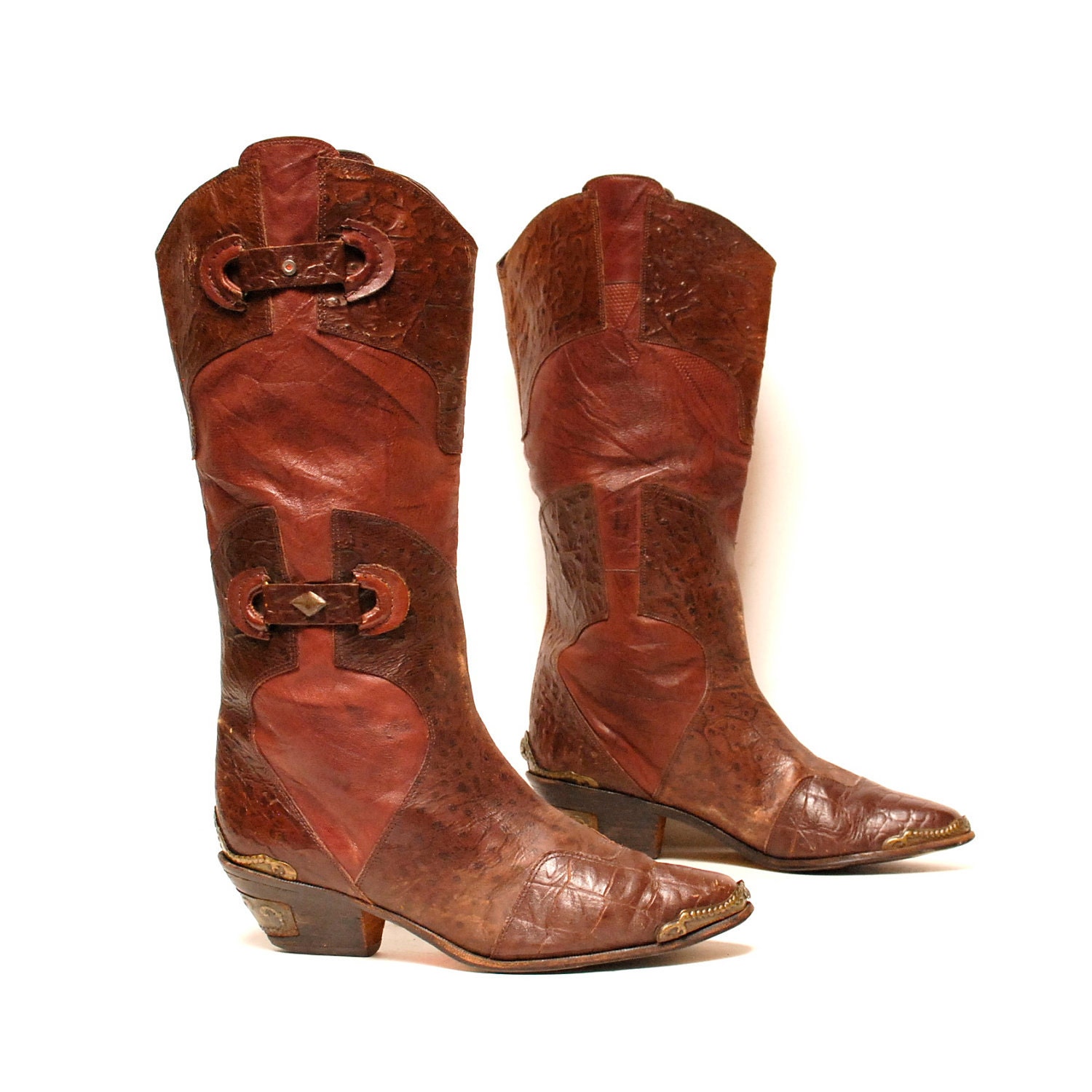 size 10 SOUTHWEST oxblood red leather 80s BIKER engraved metal boots