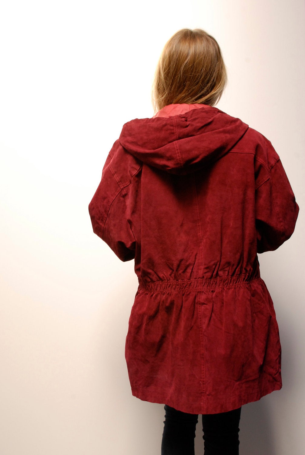 PARKA red velvet leather 80s 90s HOODED TOGGLE coat