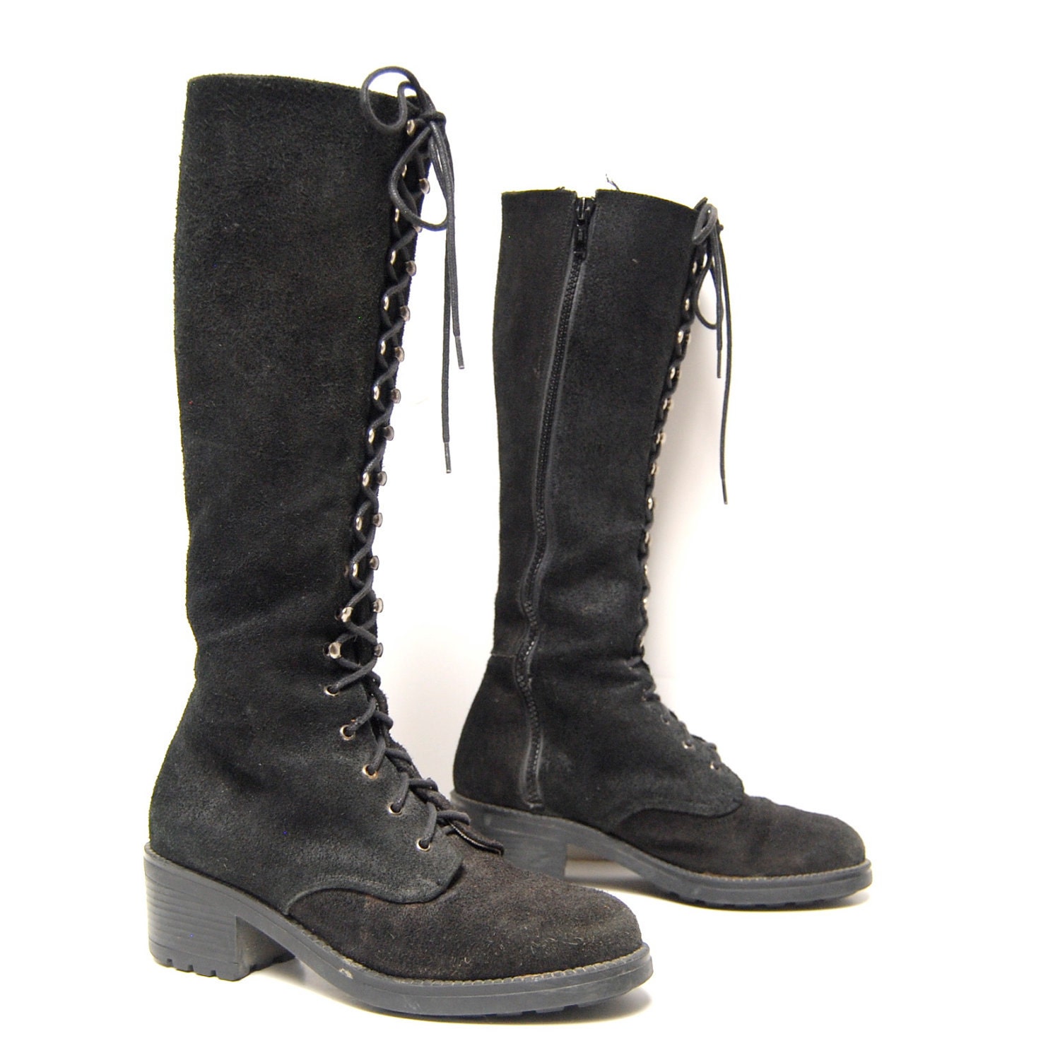 size 7.5 8 PLATFORM black suede leather 80s COMBAT lace zip up knee high TALL boots