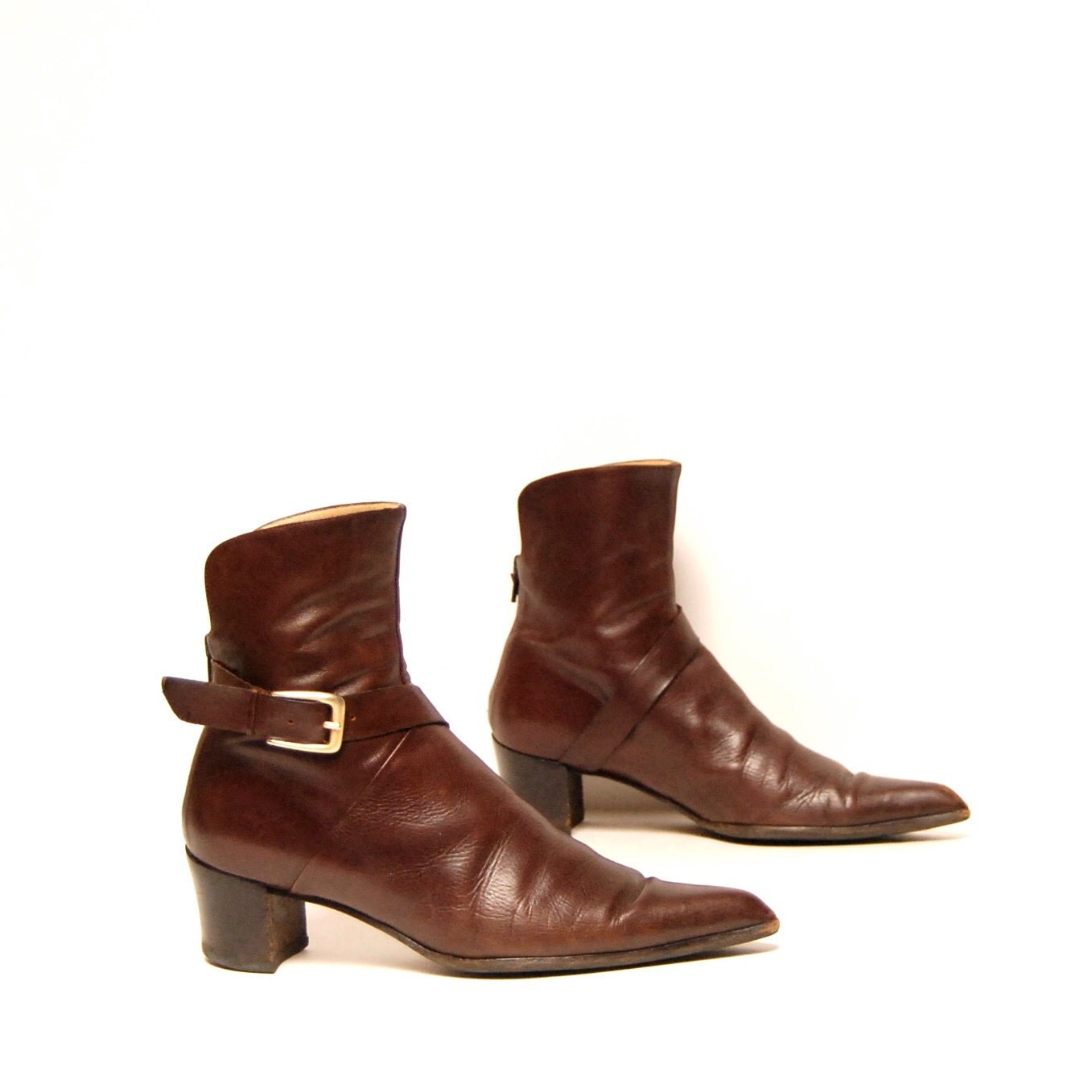 size 8.5 BOHEMIAN brown leather 80s BUCKLE ankle boots