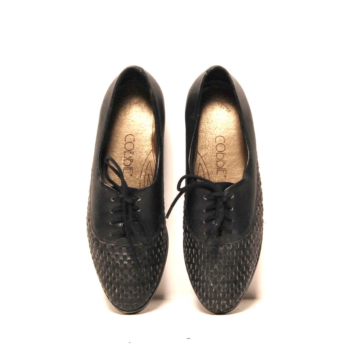 size 7.5 OXFORD woven black leather 80s LACE UP loafers