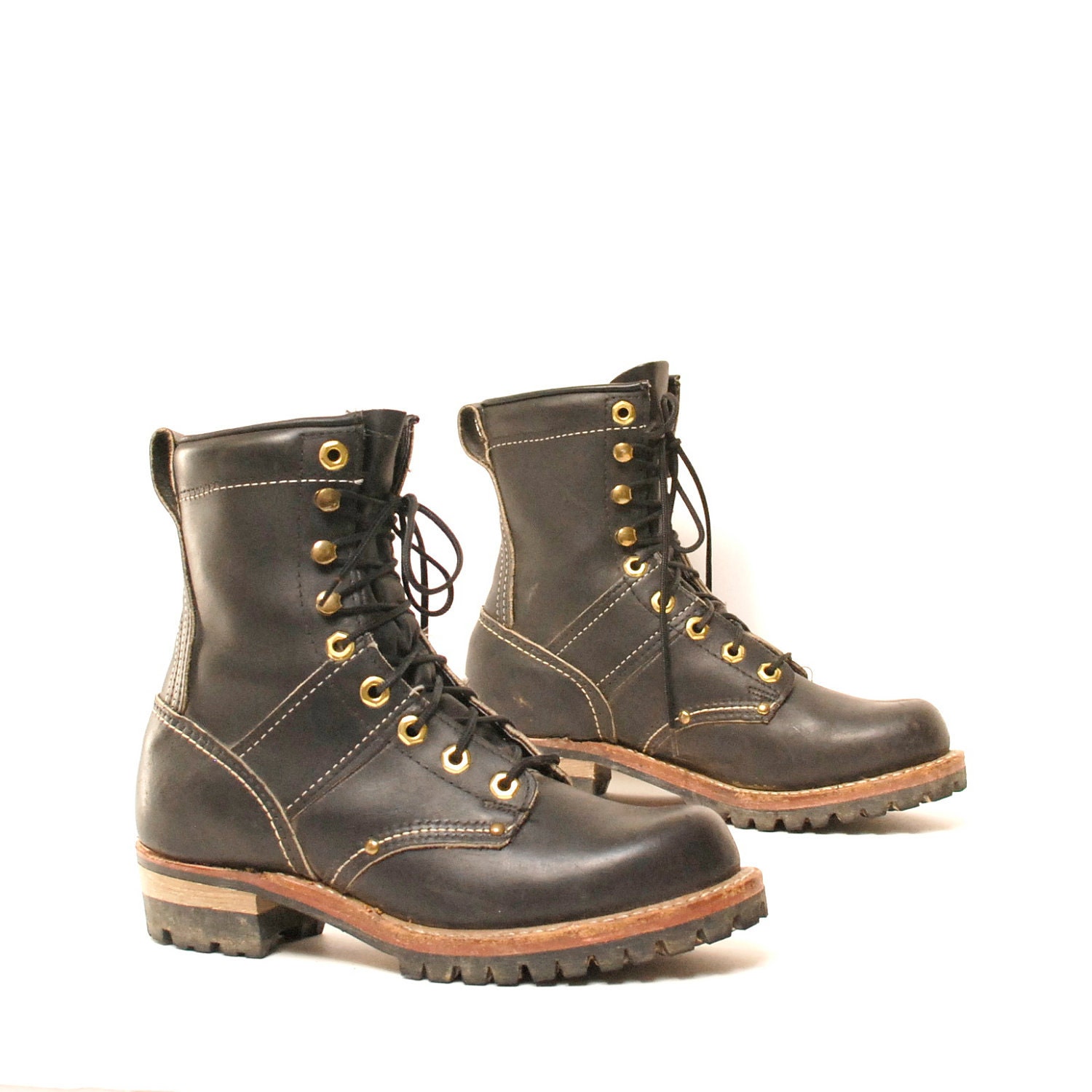 size 8 PLATFORM black leather 60s OUTDOOR hiking rugged ANKLE lace up boots