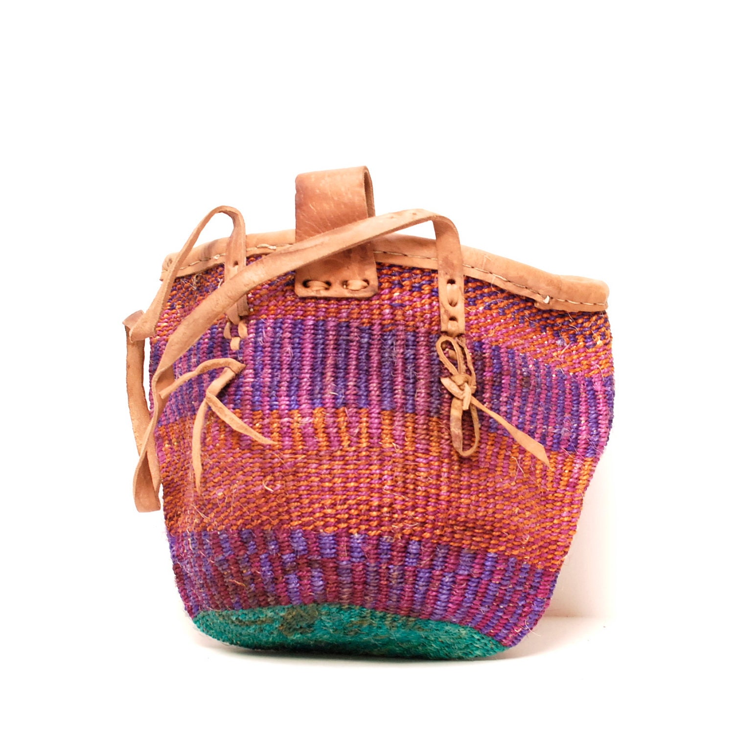woven JUTE 70s pink purple STRIPE leather TOTE bucket bag on reserve for FaceforRadio