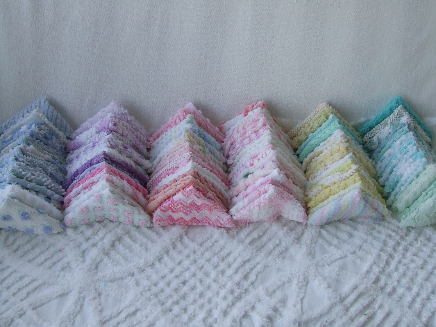 90 - 6 Inch Vintage and New Chenille Bedspread Fabric Rag Quilt Charm Squares in Pastel Colors