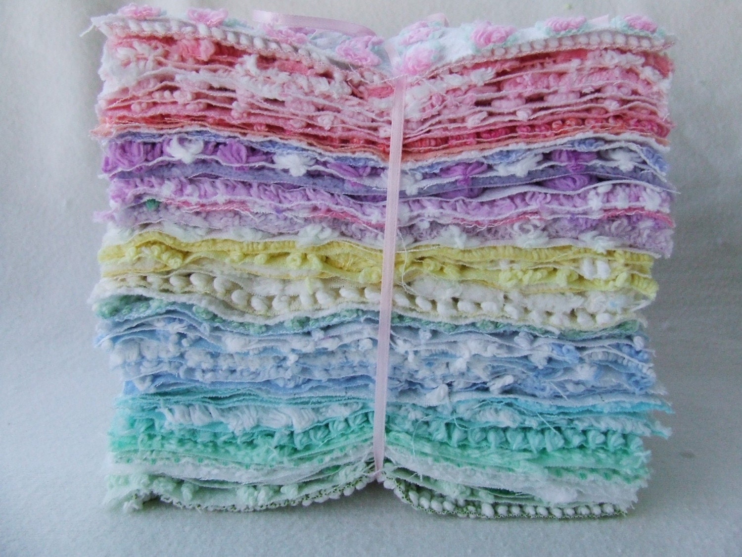 50-6 Inch Vintage Chenille Bedspread Fabric Rag Quilt Charm Squares In Pastel Colors