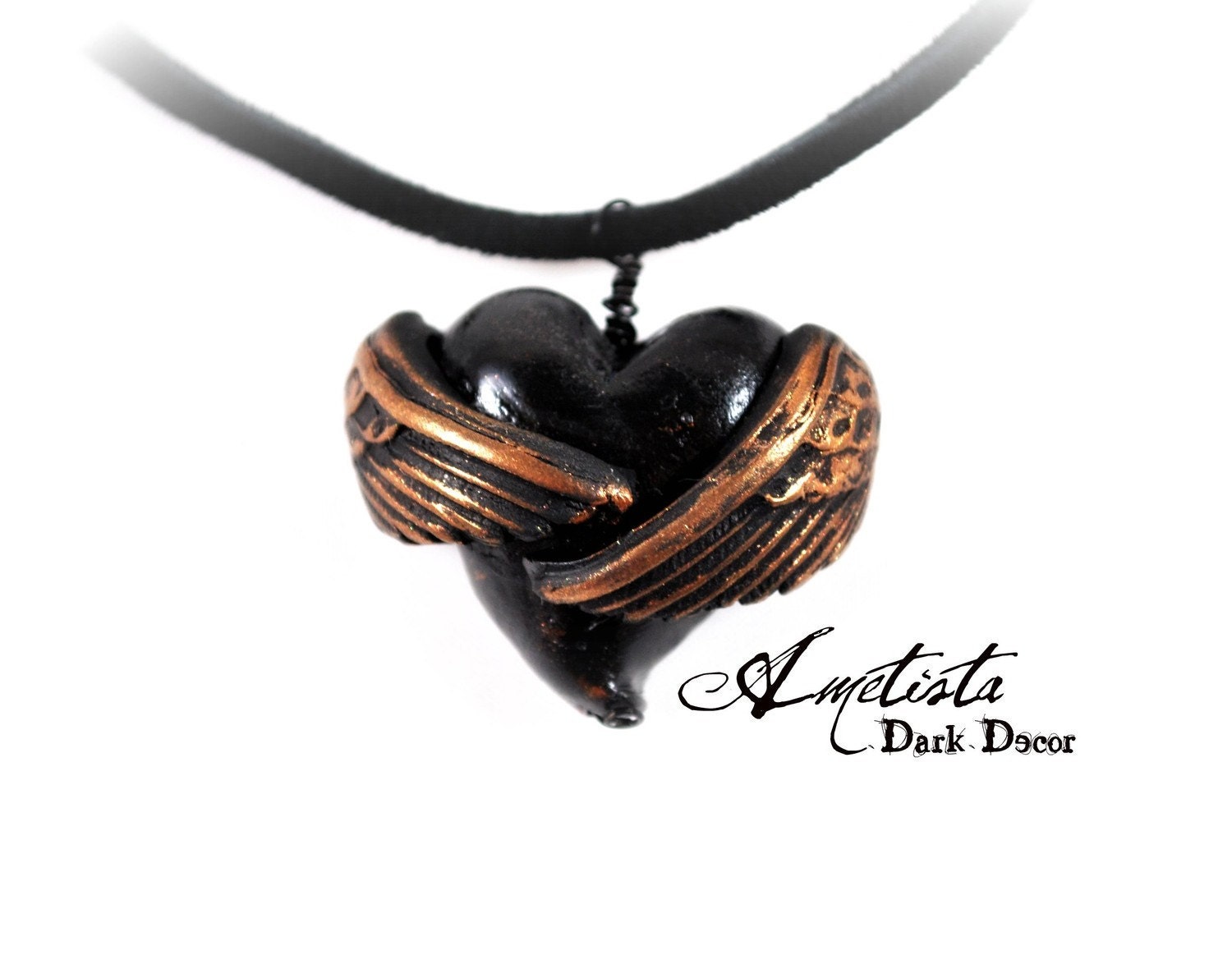 Romantic Goth Necklace -Love's Embrace - Handmade Winged Heart Pendant