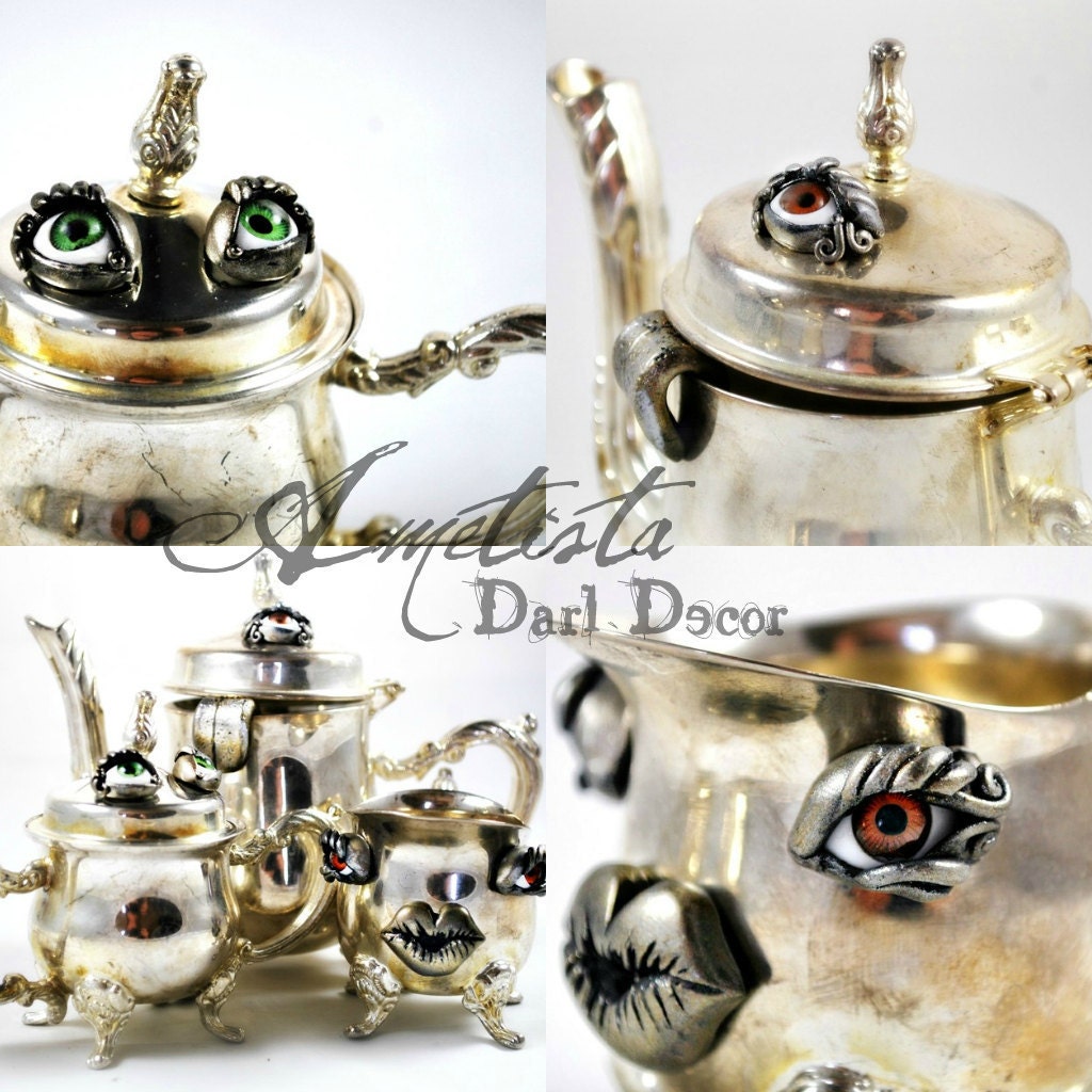 Original Fine Art Prints - Ametista's Treacherous Tea Set 2- Set of four 8x8 - Dark Home Decor - Endura Metallic Paper