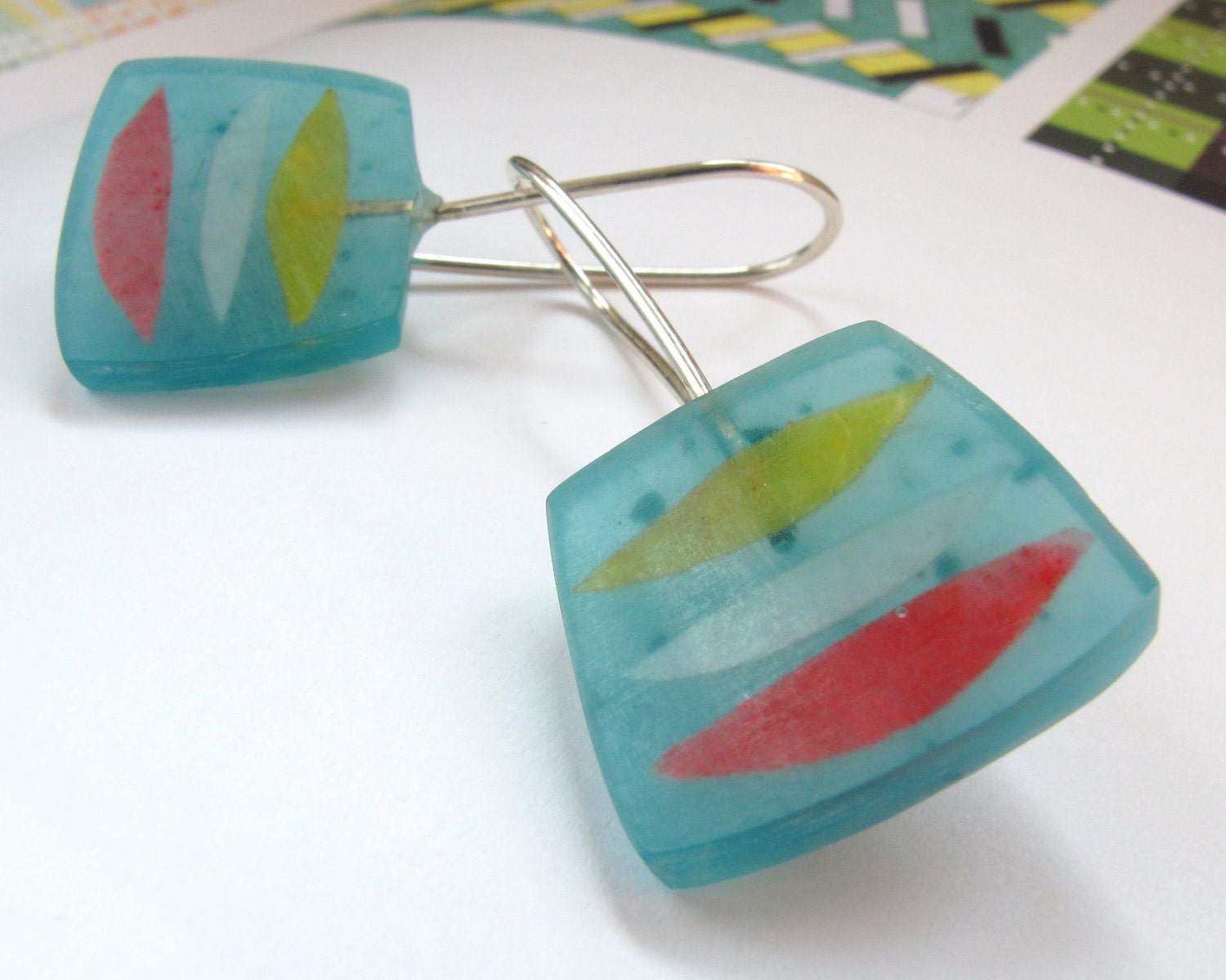 Papercut - Aqua Blue Red & Yellow Resin Earrings
