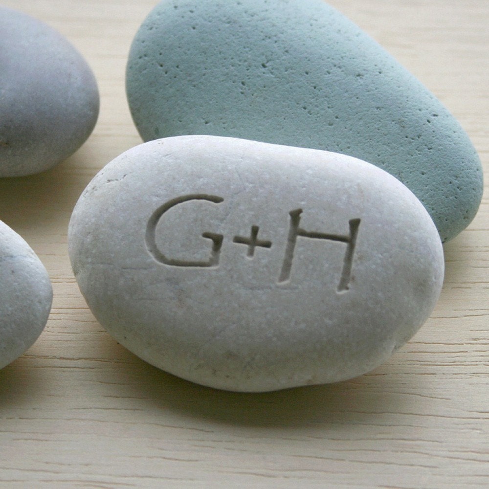 You plus me personalized initials pebble with date - Double sided engraved pebble stone - Petite love stone (TM)