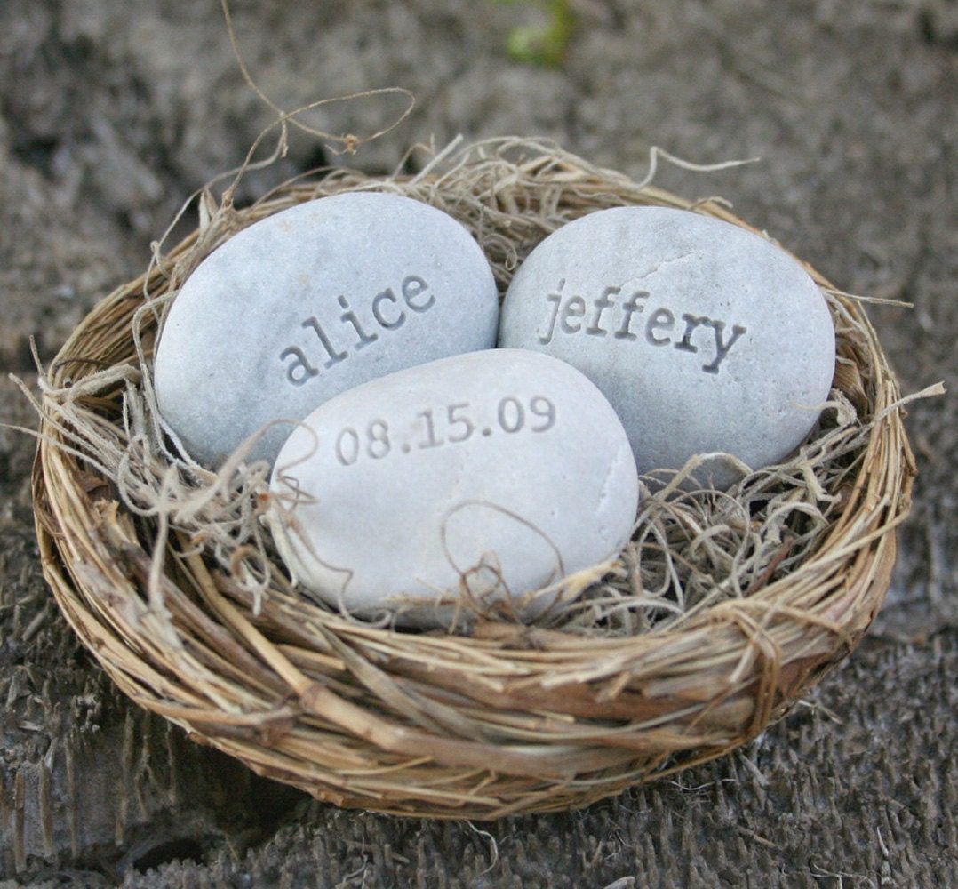 Personalized wedding gift - engraved stones with names and date in love nest