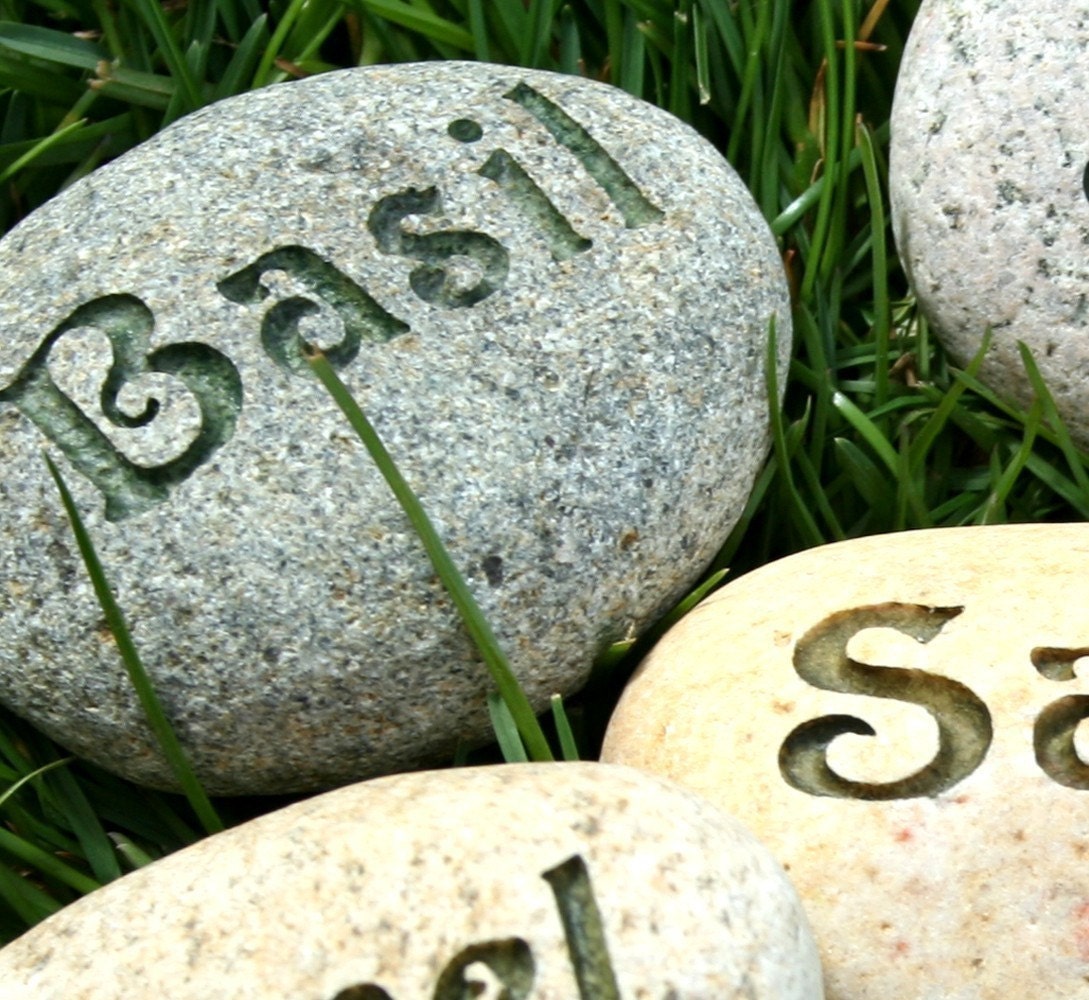 Natural Garden Markers - Plant marker, herb marker or custom word - Set of 3 Custom Engraved Rocks