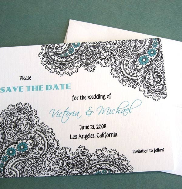 Paisley Save The Date Cards - Wedding Invitation - Ethnic Indian Wedding - SAMPLE