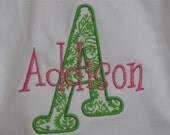 Little Lila Tee in Preppy Pink and Green -  Applique Initial Tee or Bodysuit - Long Sleeves