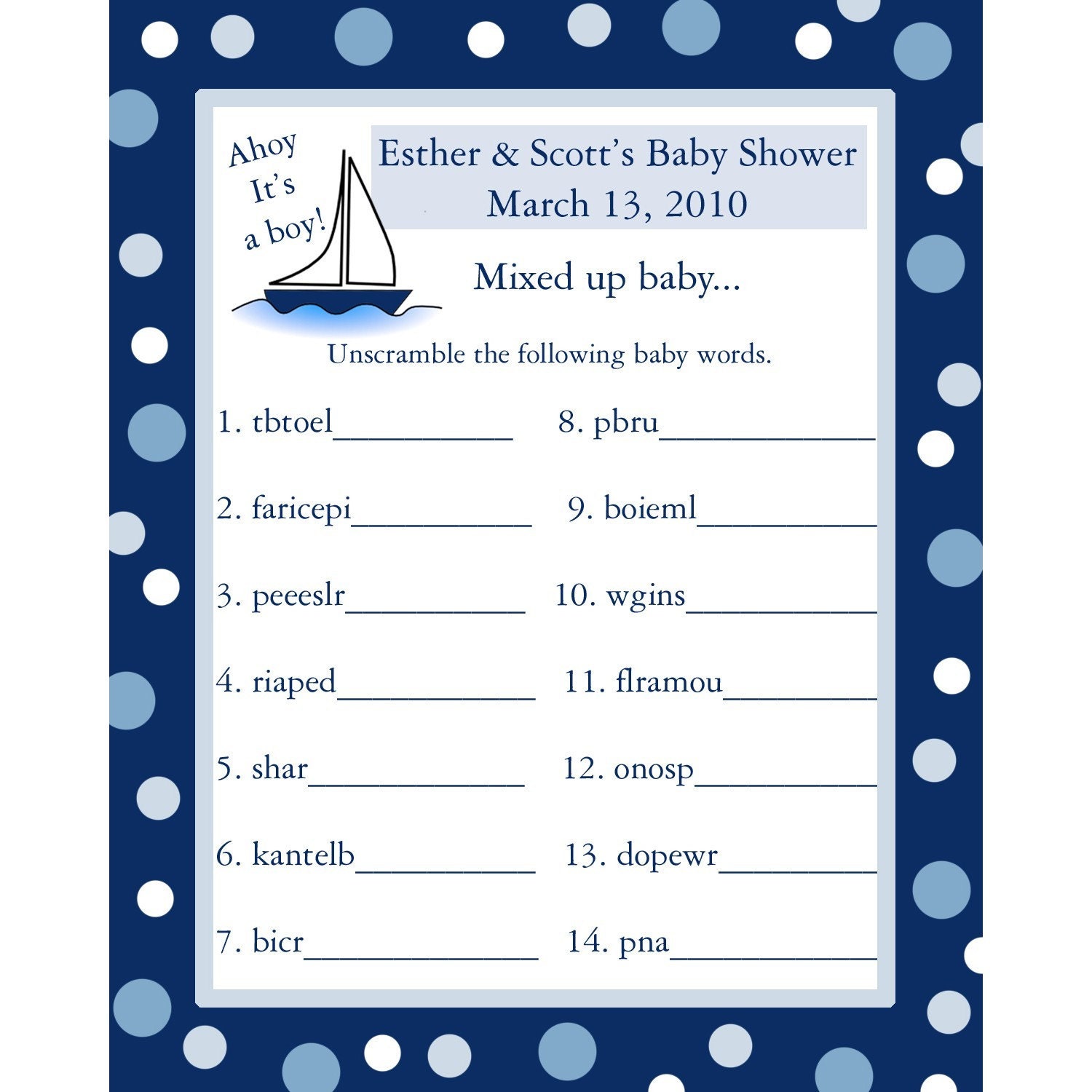24 Personalized Word Scramble Baby Shower Game Cards   AHOY IT'S A BOY