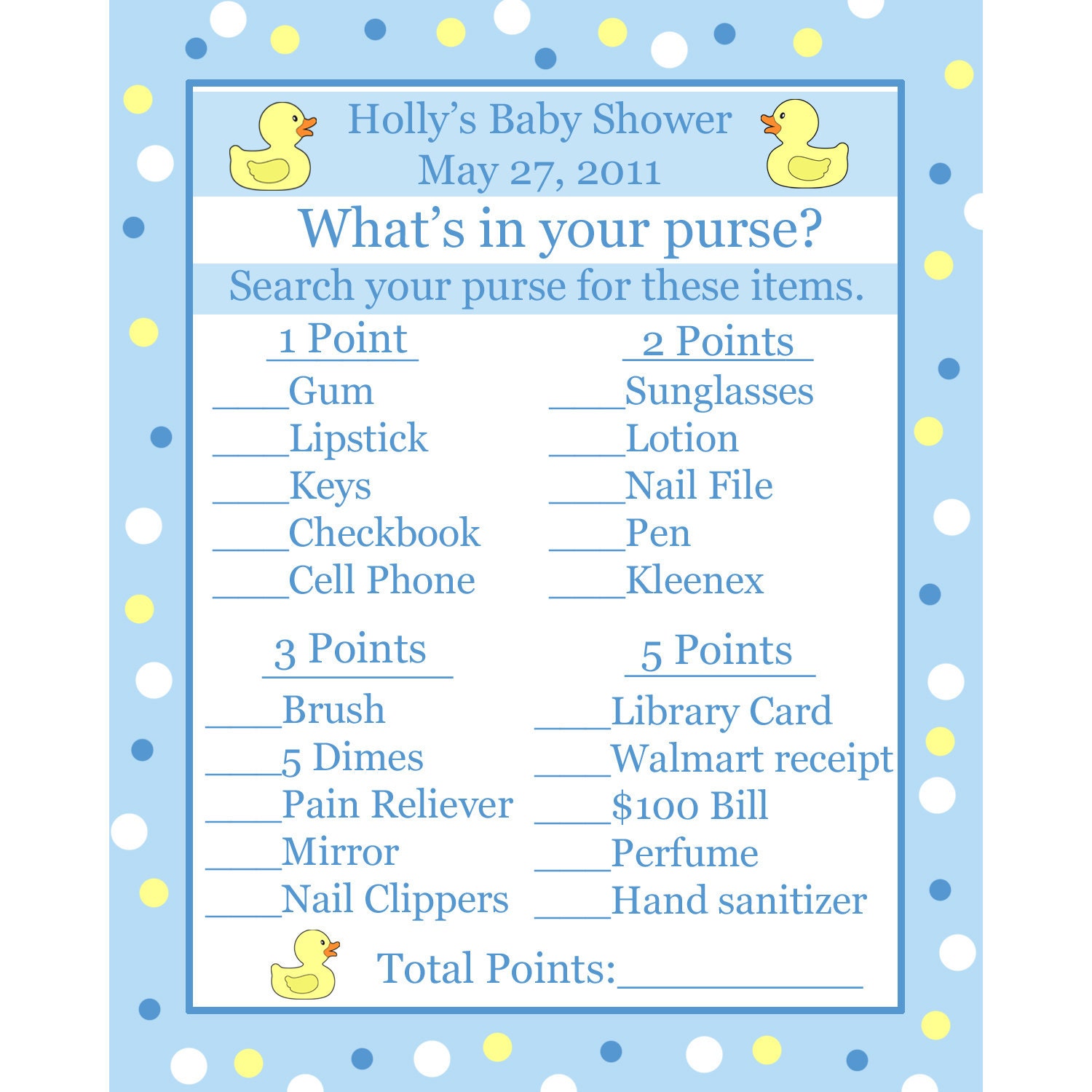 123 New baby shower game easy 778 24 Baby Shower Game Cards Whats In Your Purse Game by partyplace 