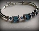 Antiqued Pewter Montana Blue Swarovski Crystal Bridesmaid Bangle Bracelet