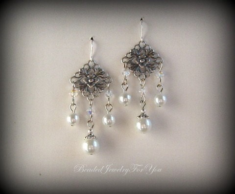 Wedding Jewelry - Chandelier Swarovksi Crystal AB Drop Bridal Pearl Wedding Earrings