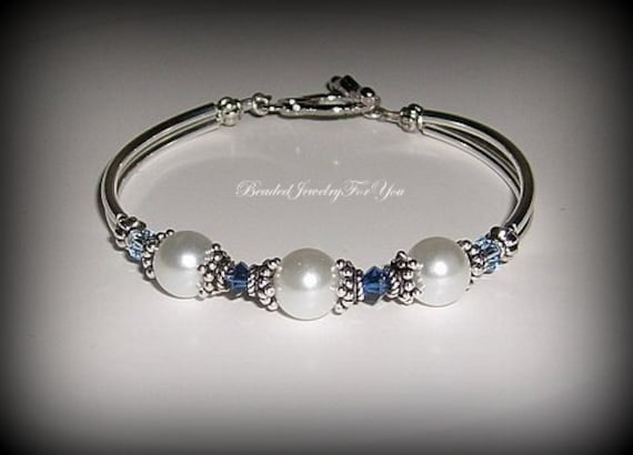 Wedding Bracelet - White Pearls and Sapphire Swarovksi Crystal Bridesmaid Bangle Bracelet