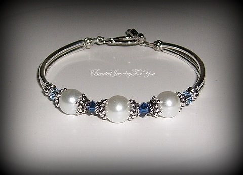 Wedding Bracelet - White Pearls and Sapphire Swarovksi Crystal Bridesmaid Bangle Bracelet