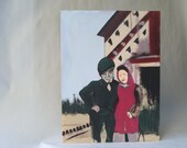 vintage original unsigned painting of solder and woman in magenta dress standing together
