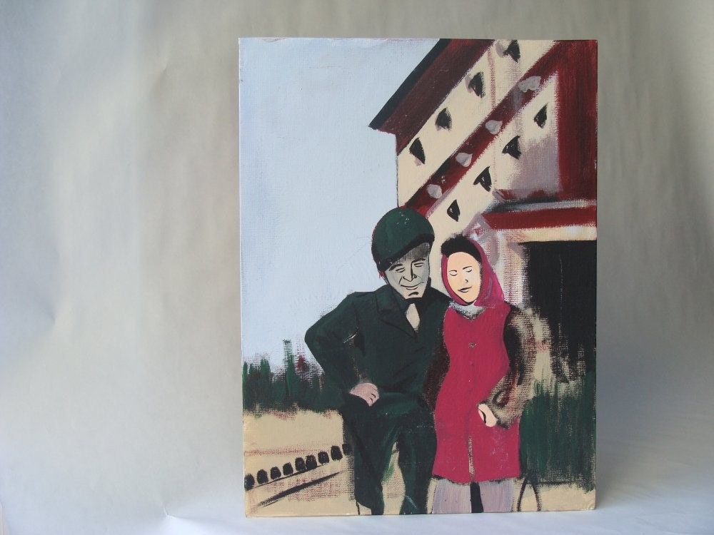 vintage original unsigned painting of solder and woman in magenta dress standing together