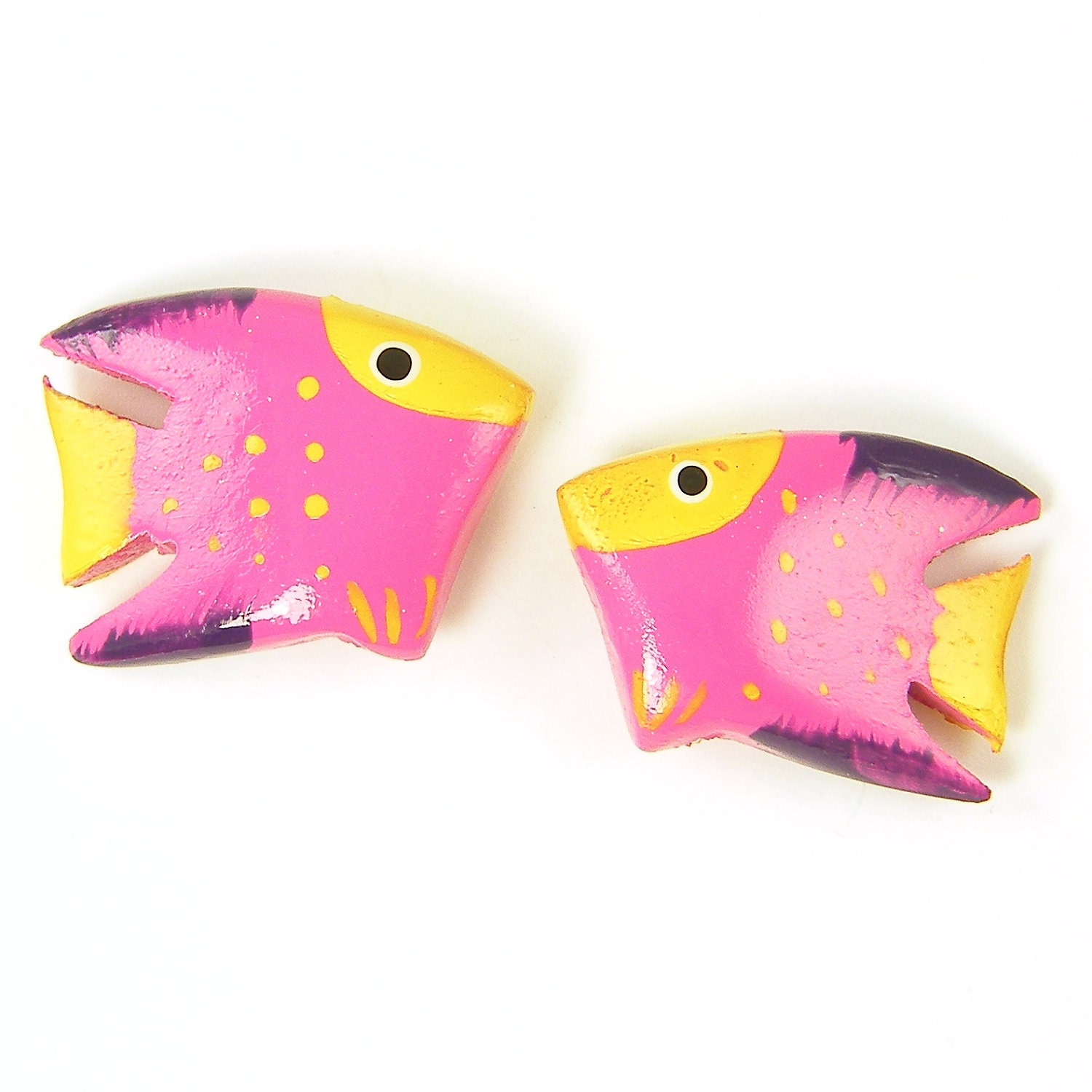 Fish Beads, Pink and Yellow Fish Beads, Wood Fish Beads, Bright Fish Beads
