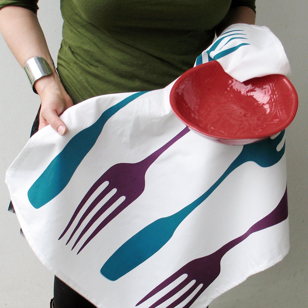 Foodie Tea Towel - Purple and Teal Forks - eco kitchen, home decor, hostess gift, organic cotton