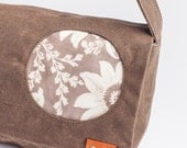 Vegan Shoulder Bag Small Messenger in Brown Waxed Canvas and Tan Floral Accent