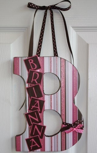 Custom Decorated Wood Letter - Brown and Pink Stripes