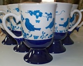 A Bluebird With Your Morning Coffee.....Set of 6 Mugs,Cups,Cobalt Blue,Vintage