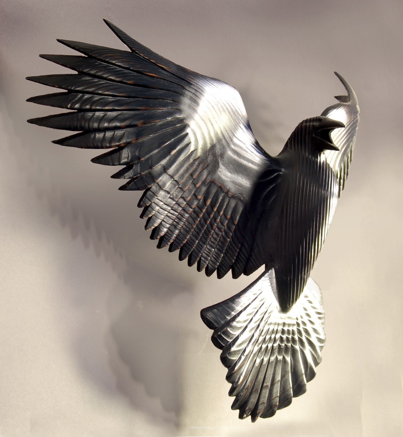 Reverence For Raven  wood sculpture by Jason Tennant,  wildlife art Raven, woodcarving