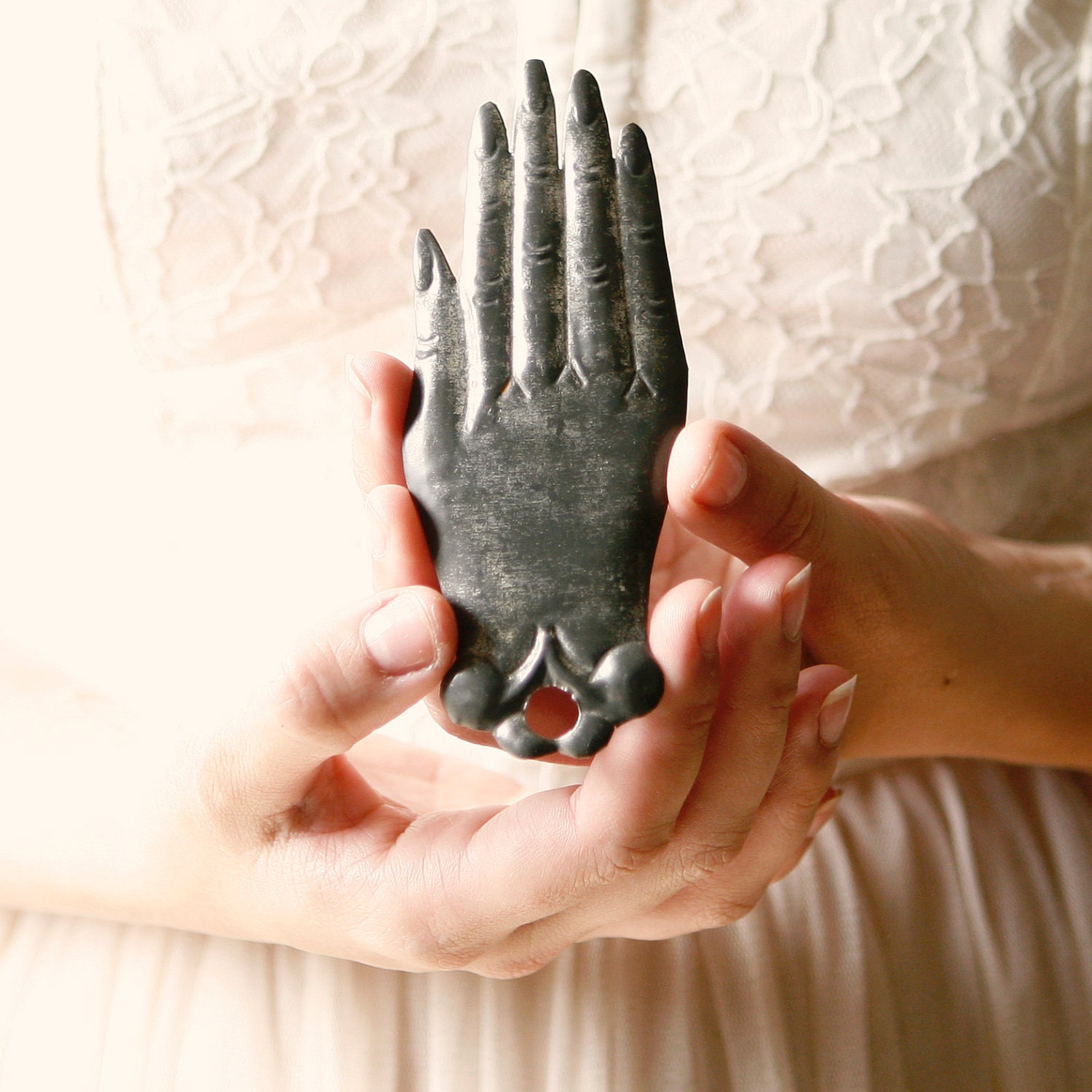 victorian metal hand, tin punched, wall decor
