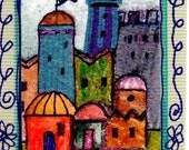 Peaceful City ACeO Messianic folk art card orange green cityscape towers colorful original small painting