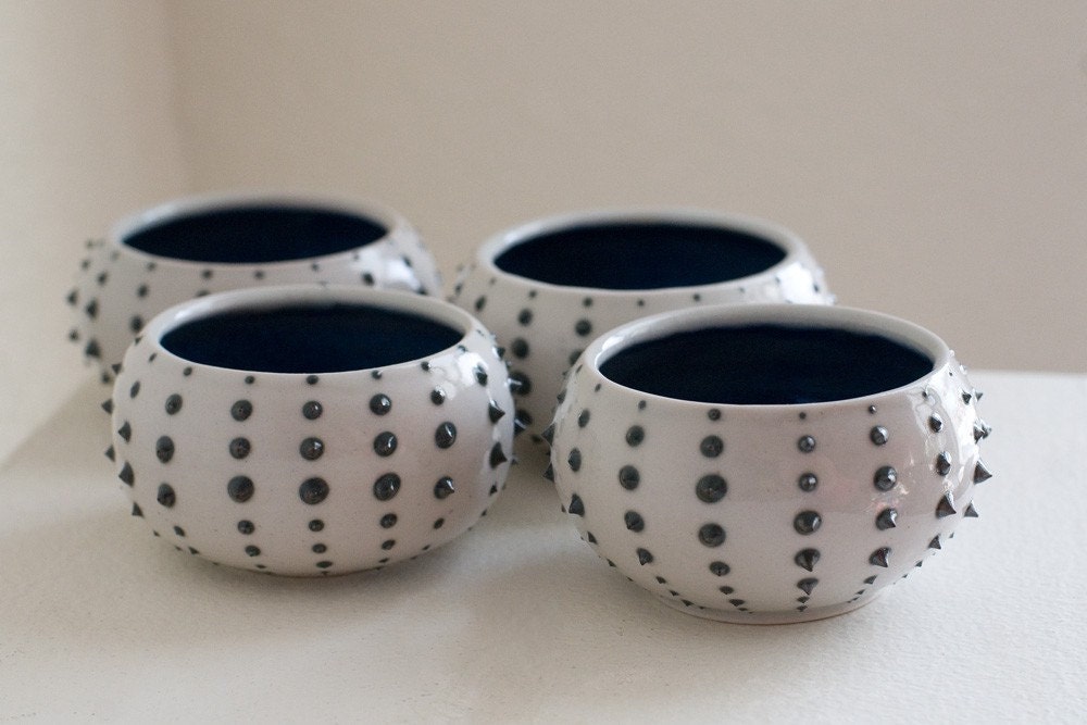 Black Spotted Urchin Cup,  Blue Interior, Porcelain, 1 cup