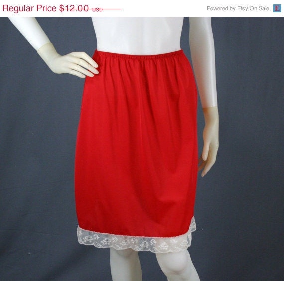 SALE 60s Crimson Red Opera Half Slip With White Lace - Vintage Lingerie