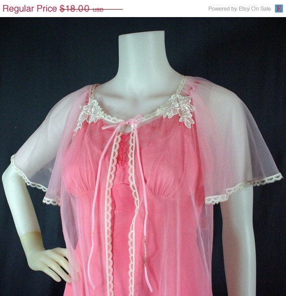 SALE 70s Sheer Pink Chiffon Robe Peignoir, Medium - Vintage Lingerie