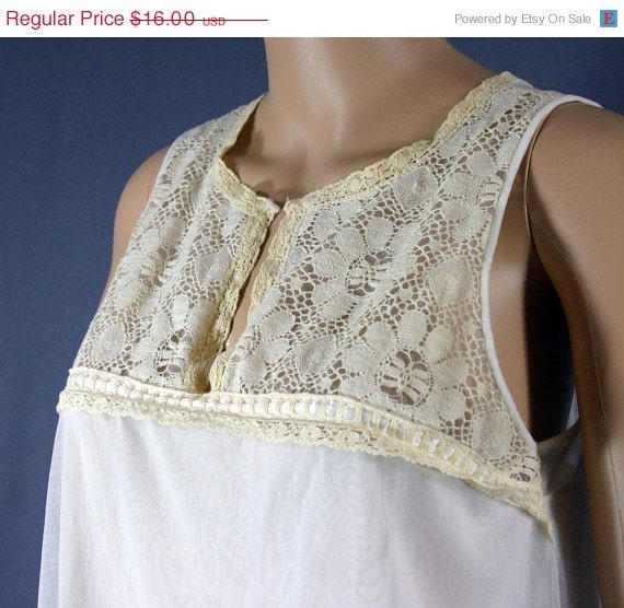 SALE 60s White Chiffon and Crochet Lace Gown, 36 - Vintage Lingerie