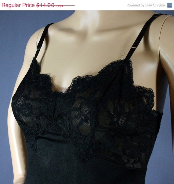 SALE 50s Black Van Raalte Full Slip Dress With Bow Applique, 32 - Vintage Lingerie