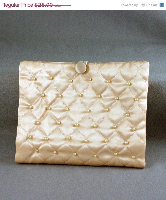 SALE Vintage 50s Peach Satin Glove and Hosiery Storage Bag With Pearls