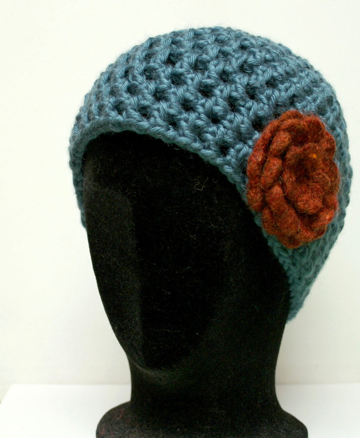Beanie Hat  - Blue with Rust Flower
