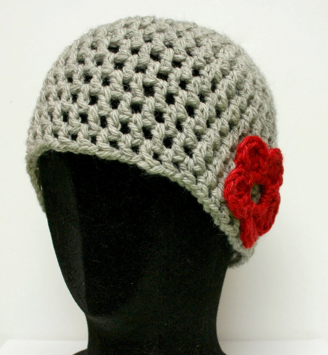 Beanie Hat  - Grey with Red Flower