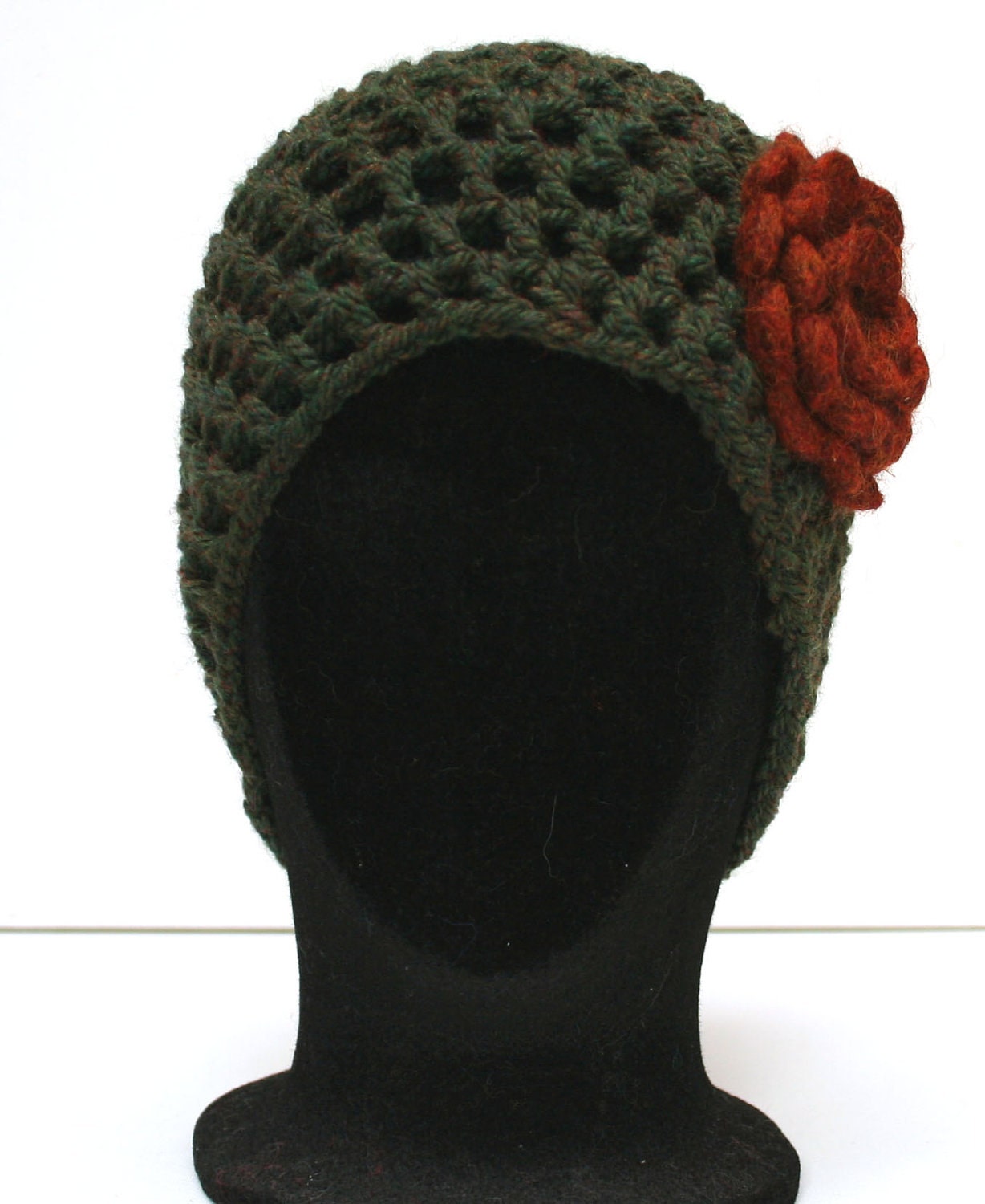 Beanie Hat  - Deep Green with Wool Flower