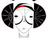 8x10 Portrait Drawing Illustration Female tribal futuristic art print fine art wall decor black white red
