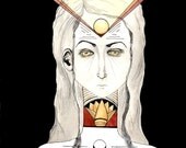 Tribal Watercolor Painting Female Portrait Lotus sun 8x10 art print girl black white red yellow orange