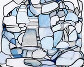 Abstract Artwork, Geometric, Contemporary Art Print, Blue Rocks with Flower Monster